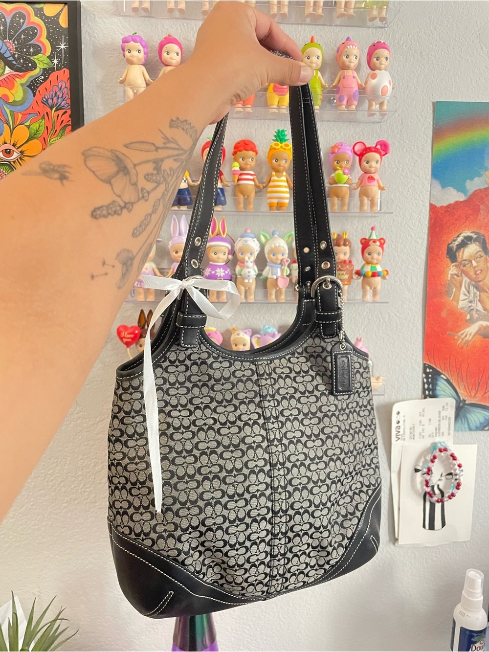 Coach Black and Gray Signature Canvas Shoulder Bag